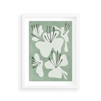 Plakat w ramie 40x50 - Rozkwitające Ukojenie - zgaszona zieleń, kwiaty - rama biała