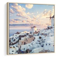 Obraz w ramie 50x50 - Biel ponad Błękitem - Santorini, białe budynki - rama drewno