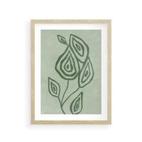 Plakat w ramie 40x50 - Szmaragdowy Oddech - abstrakcyjne delikatne zielone linie, podobne do gałęzi kwiatów - rama drewno
