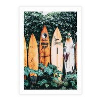 Plakat bez ramy 21x30 - Surfowanie w Harmonii z Naturą - deski surfingowe, oparte o rośliny