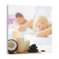 Obraz na płótnie 50x50 - Kokos, świece i kwiaty w SPA - kokos, świece