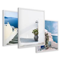 Zestaw obrazy w ramie 30x40 galeria - Santorini, białe, domki, morze - rama biała