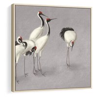 Obraz w ramie 50x50 - Spojrzenie wstecz w pędzlu - szkic rysunek, japońskie żurawie - rama drewno