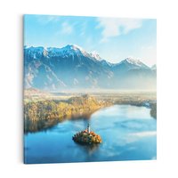 Obraz na płótnie 40x40 - Zamek pośrodku jeziora- jezioro, góry