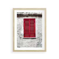 Plakat w ramie 50x70 - Okno z Czerwonymi Okiennicami - stare okno, kamienica - rama drewno