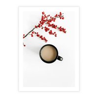 Plakat bez ramy 21x30 - Filiżanka Kawy z Gałązką Jarzębiny - kawa, gałązka jarzębiny