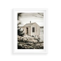 Plakat w ramie 40x50 - Nostalgiczna Oaza - rustykalny domek, domek nad jeziorem - rama biała